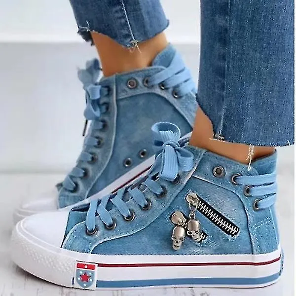 Mujer Calavera Decoración Cremallera Zapatillas Denim Casual High Top Canvas Shoes