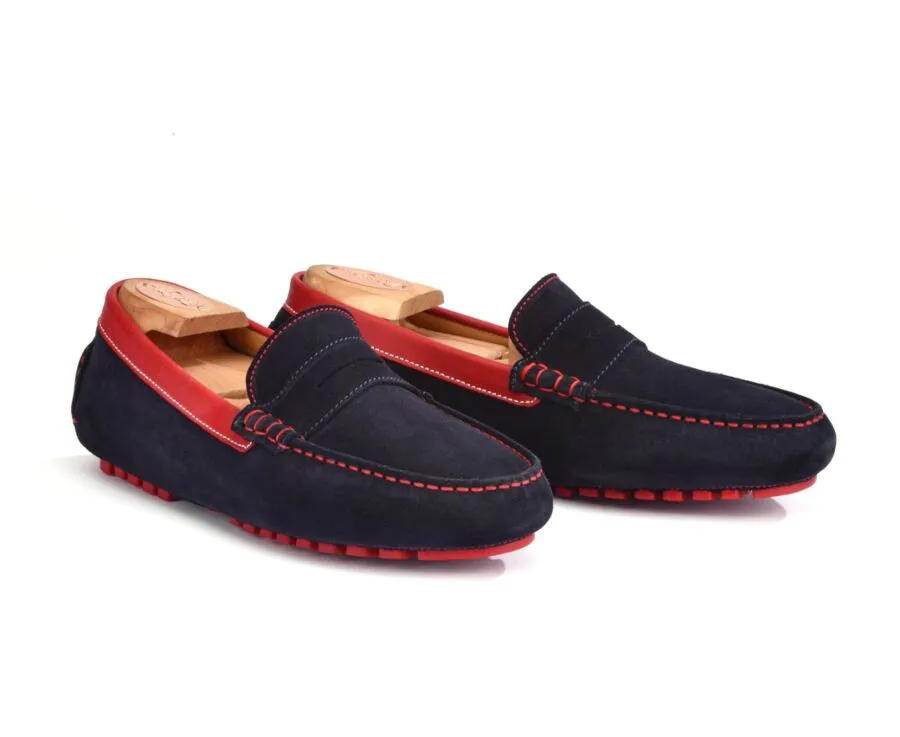 Navy Suede and Red leather Men's Driving Moccasins - FERGUSON