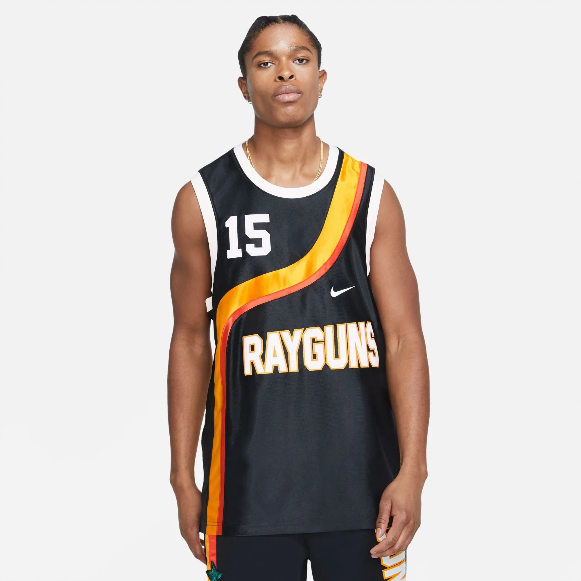 Nike Roswell Rayguns Vince Carter basketball jersey black gold orange.