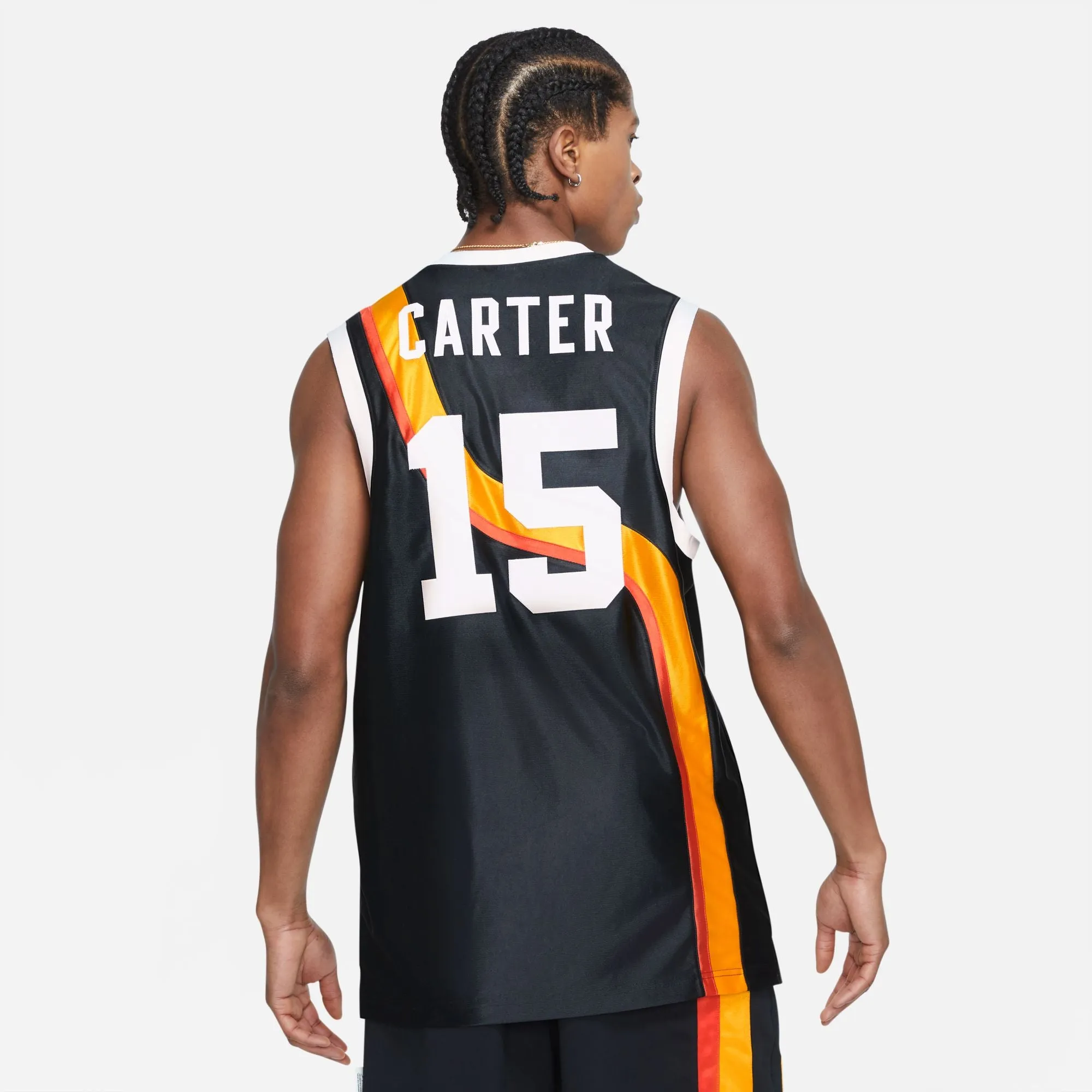 Nike Roswell Rayguns Vince Carter basketball jersey black gold orange.