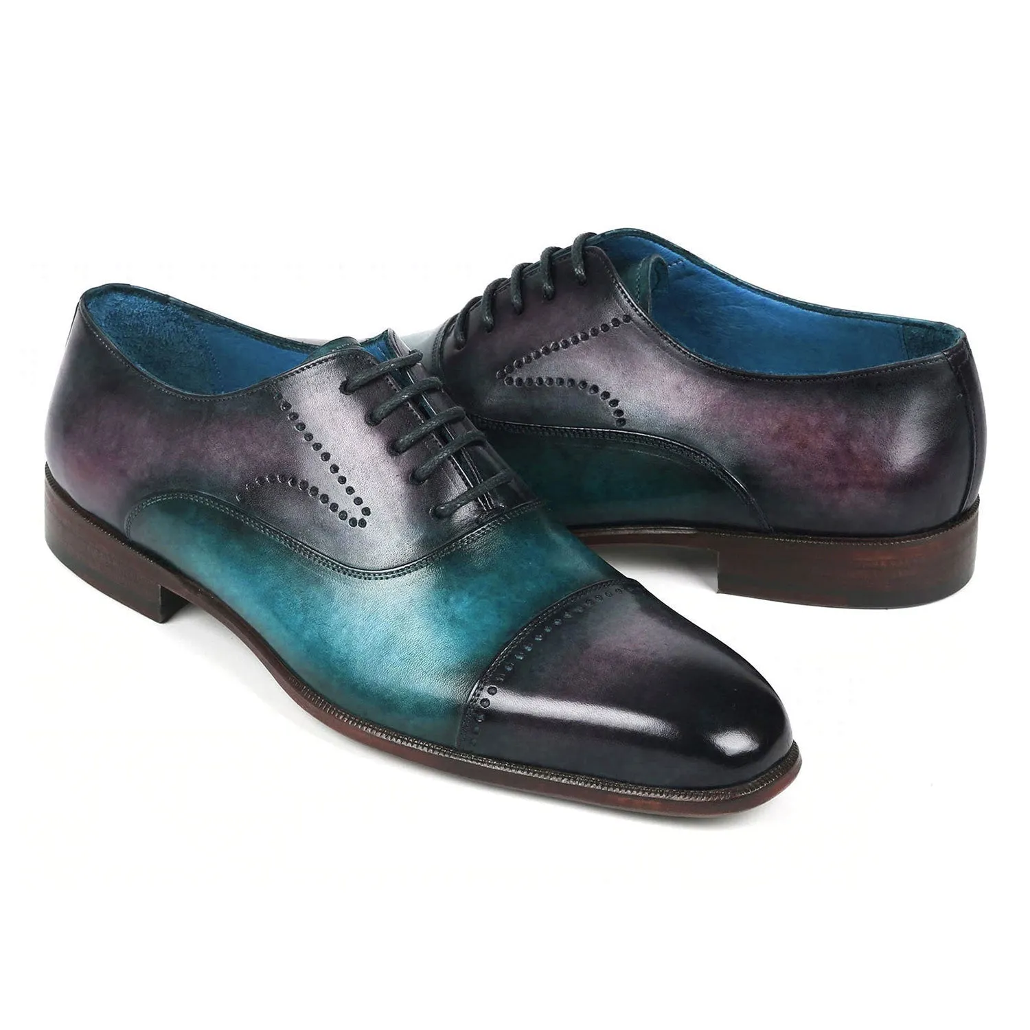 Paul Parkman 314-PRPTRQ Men's Shoes Purple & Turquoise Calf-Skin Leather Cap-Toe Oxfords (PM6349)