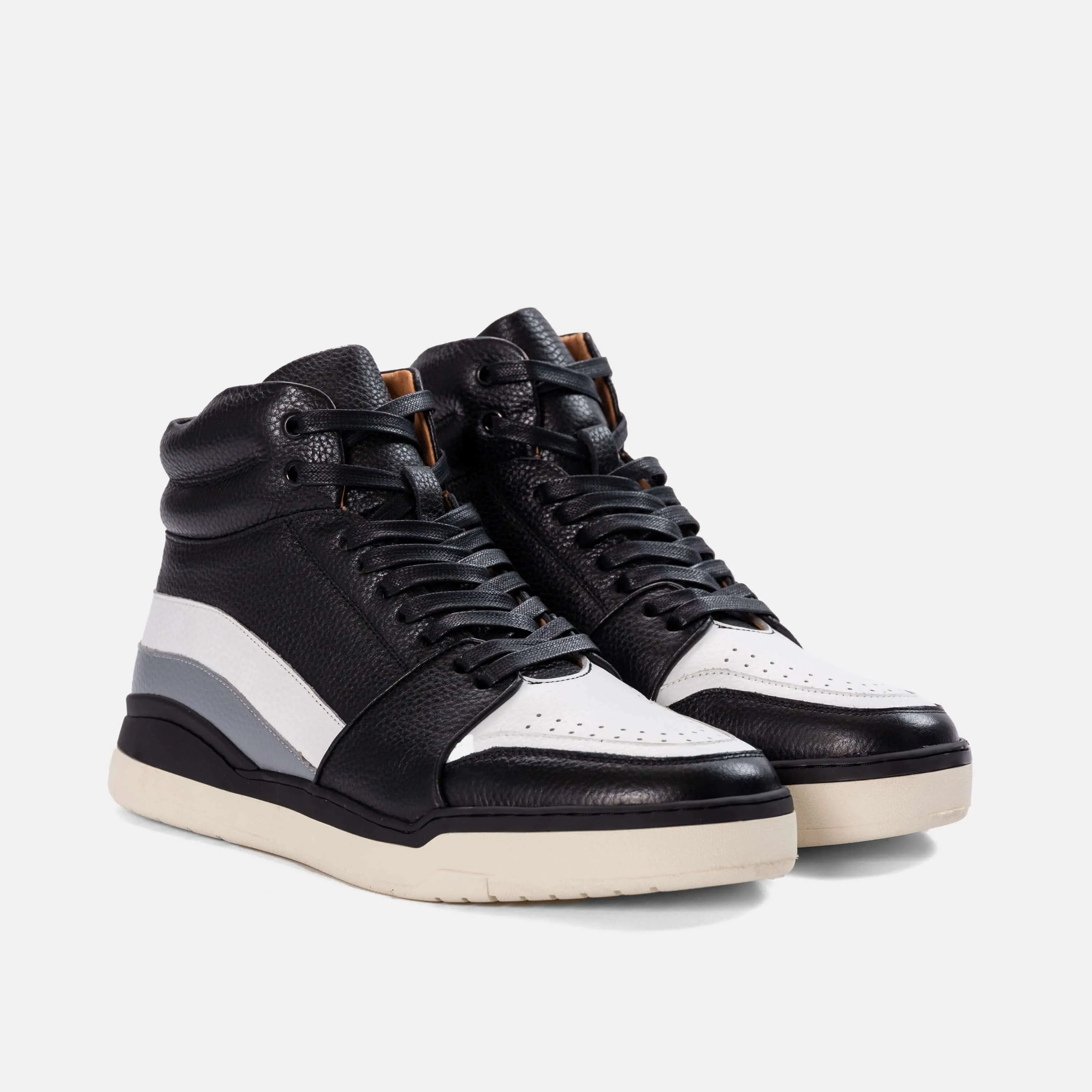 Poseidon Black and White Pebble Leather High Top Sneakers