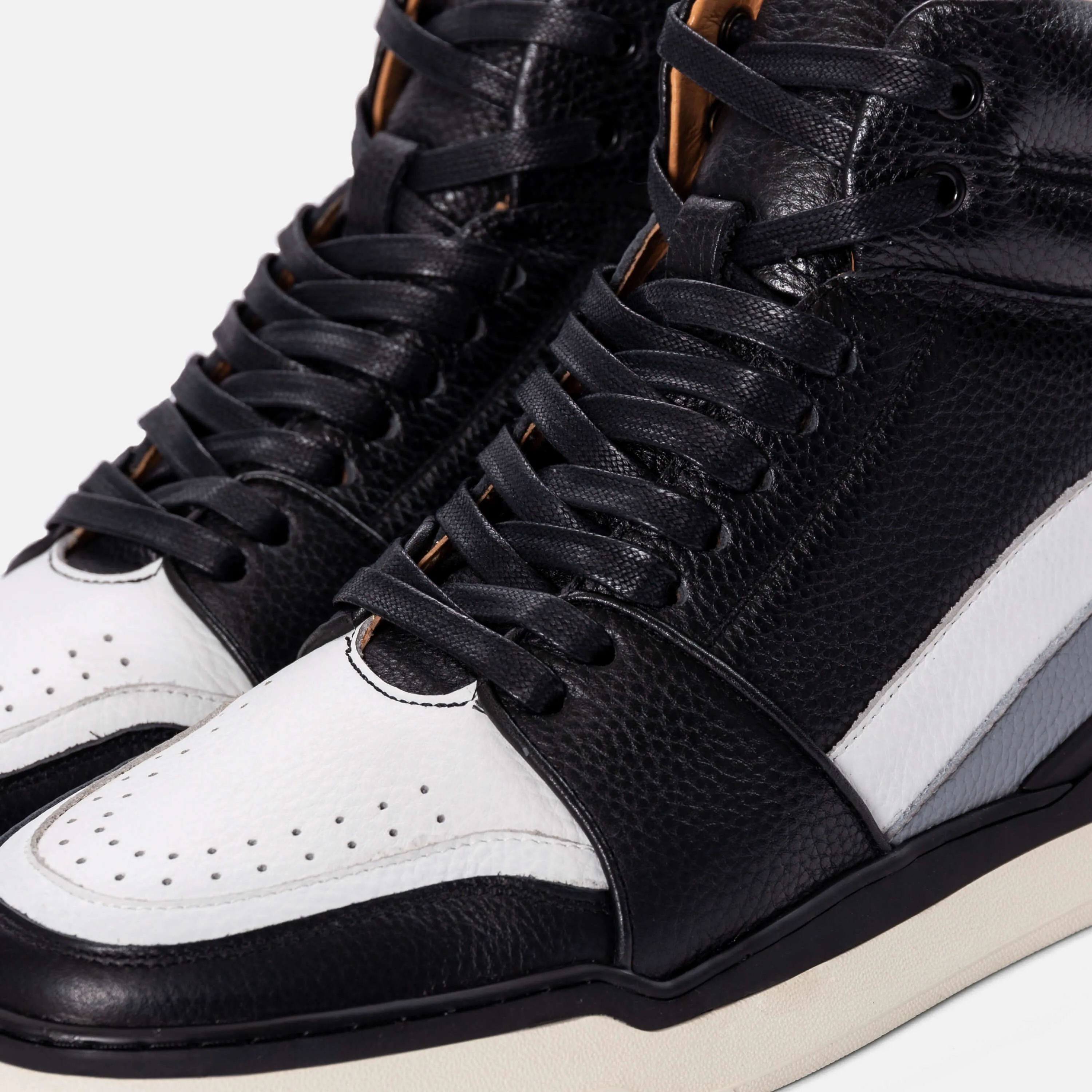 Poseidon Black and White Pebble Leather High Top Sneakers