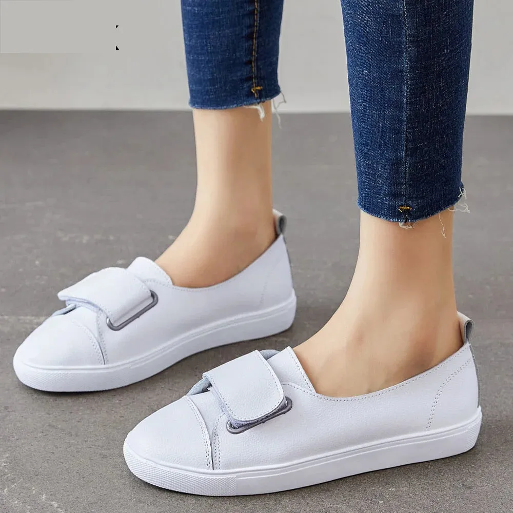 Summer Flat Leather Shoes for Women - Round Toe Casual Style.