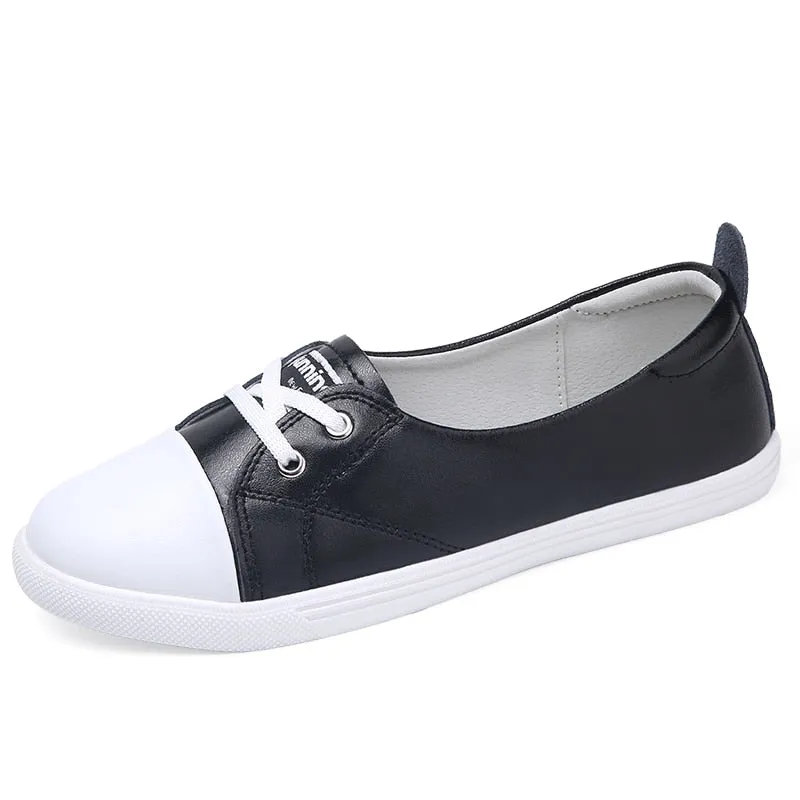 Summer Flat Leather Shoes for Women - Round Toe Casual Style.