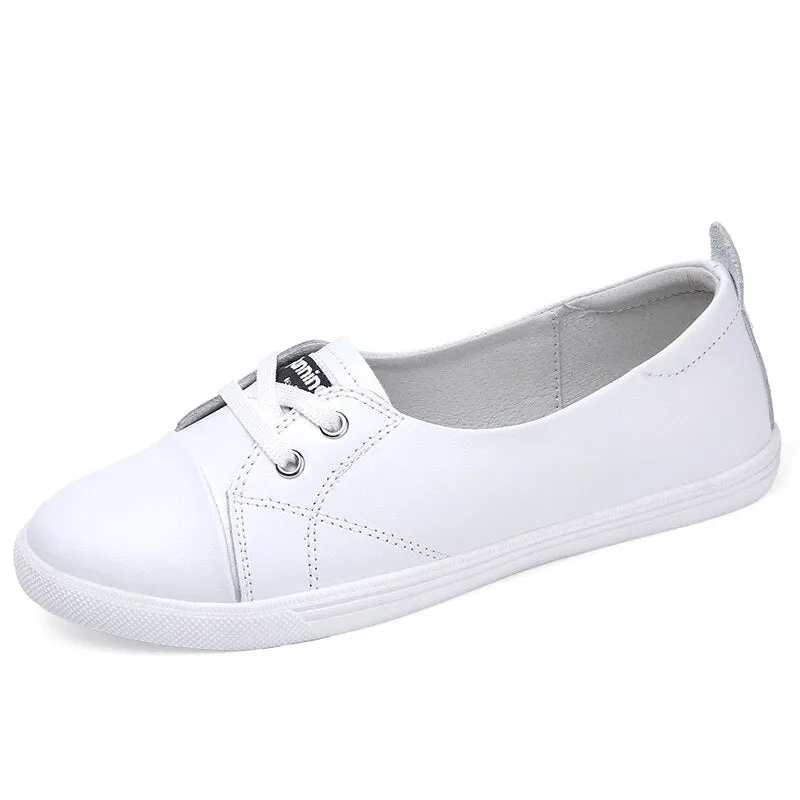 Summer Flat Leather Shoes for Women - Round Toe Casual Style.