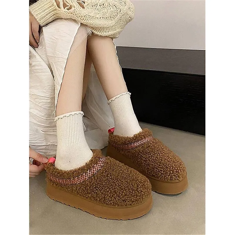 Women's Platform Slippers Mini Boots Braid Slippers with Plush Fleece Lining