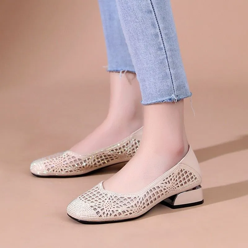 Women's Casual Shoes - Square Heel Hollow Leather Pumps - FM115