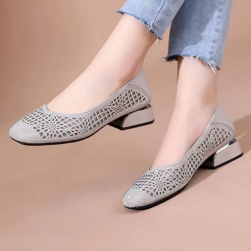 Women's Casual Shoes - Square Heel Hollow Leather Pumps - FM115