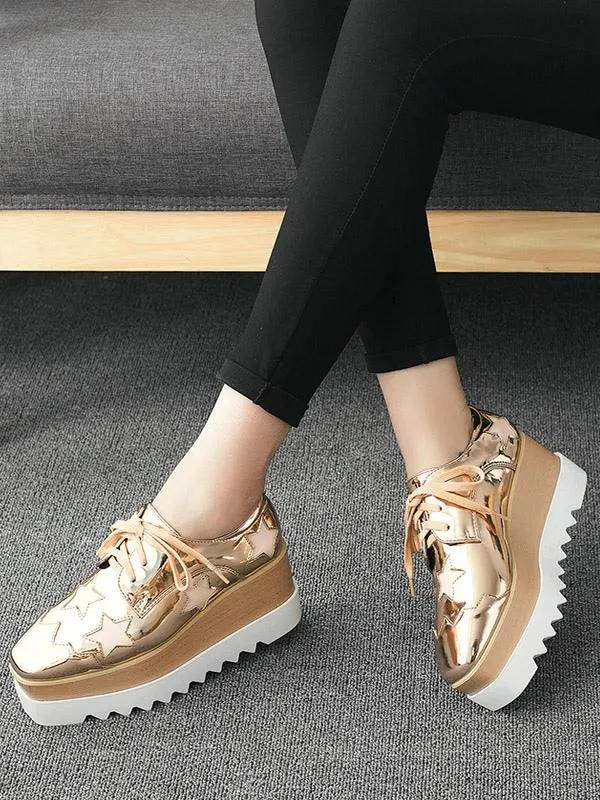 Women's Gold Lace Up Oxfords Platform Shoes Casual Shoes