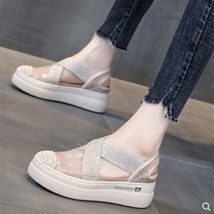 Women's lace-up platform shoes with hollow cutout design, featuring a stylish patchwork pattern, perfect for casual summer wear.