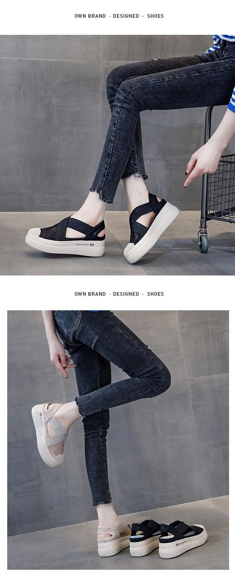 Women's lace-up platform shoes with hollow cutout design, featuring a stylish patchwork pattern, perfect for casual summer wear.