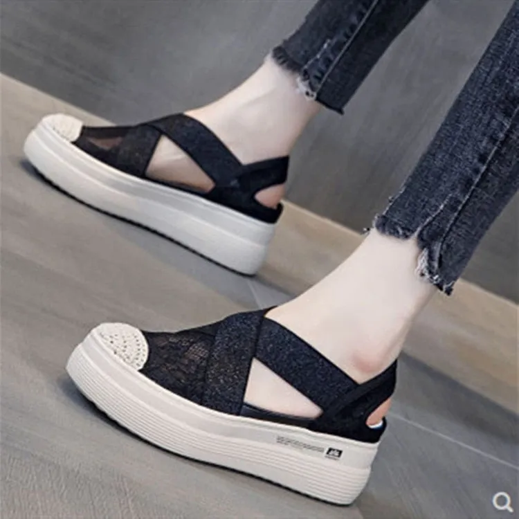 Women's lace-up platform shoes with hollow cutout design, featuring a stylish patchwork pattern, perfect for casual summer wear.