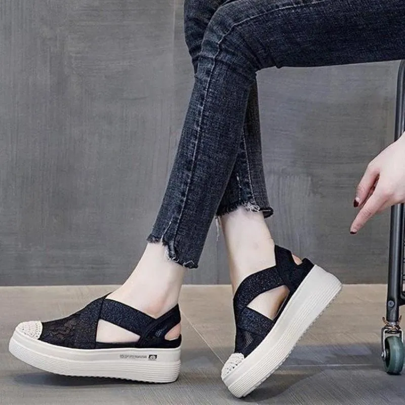 Women's lace-up platform shoes with hollow cutout design, featuring a stylish patchwork pattern, perfect for casual summer wear.