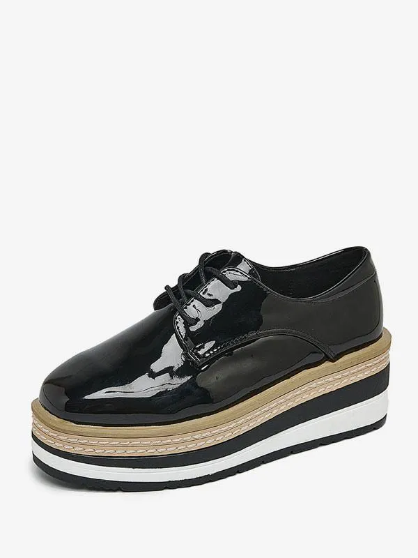 Women's Round Toe Wedge Heel Patent Leather Oxfords